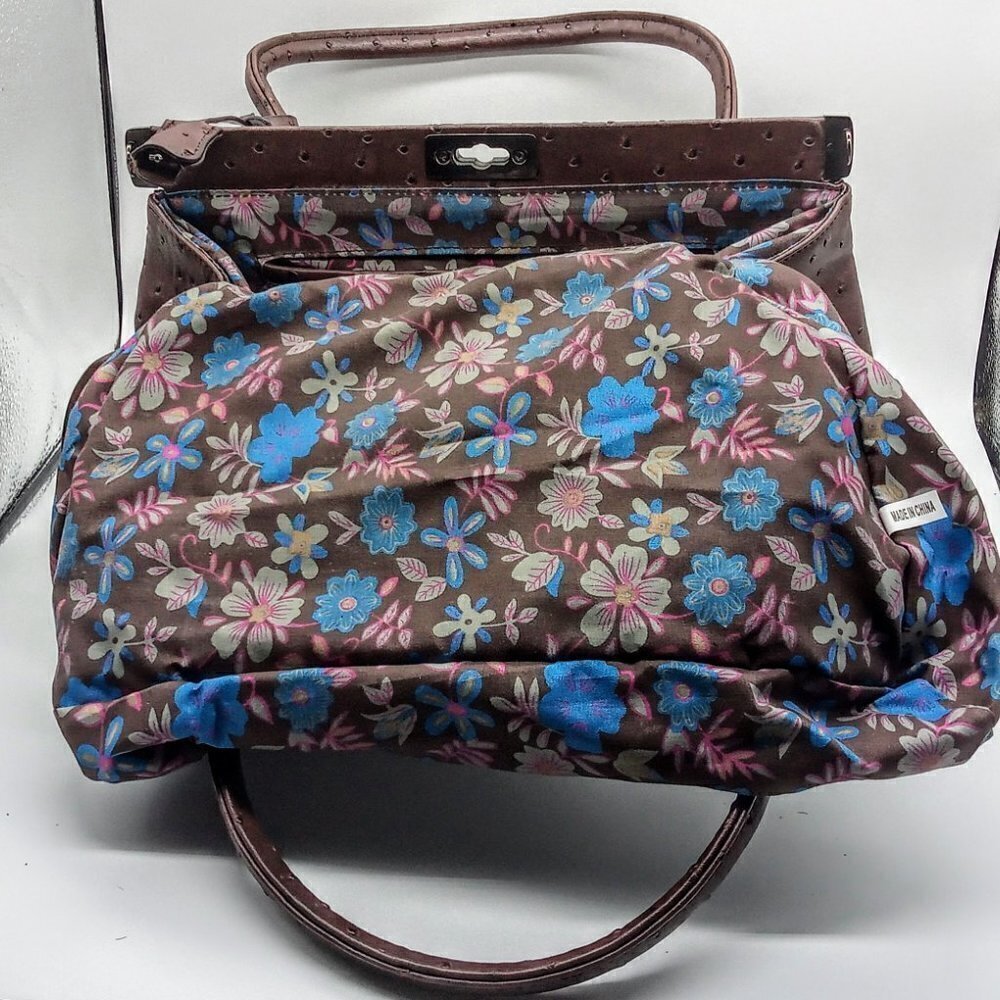 Coffee Brown Faux Ostrich Skin Gunmetal Satchel Bag - Picture 7 of 8